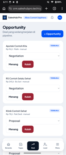 Tangkapan layar asli HBS CRM di HP: pipeline dari Lead, Opportunity, Quotation, sampai Sales Order