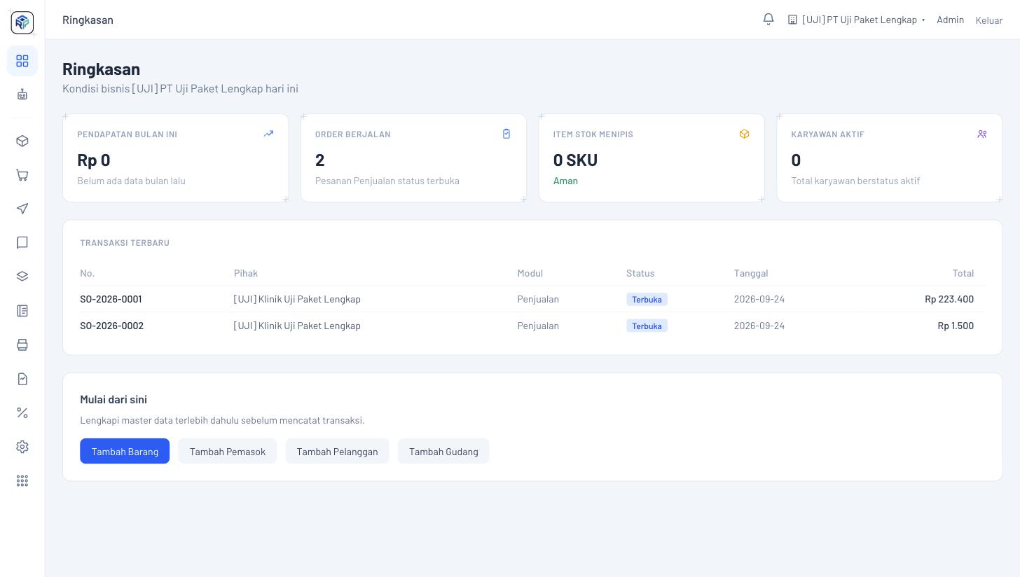 Tangkapan layar dashboard ERP menampilkan pendapatan bulan ini, order berjalan, dan status stok — data contoh