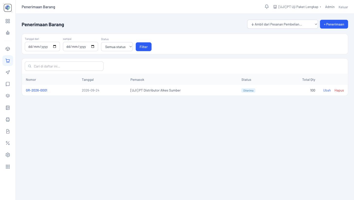 Tangkapan layar daftar Penerimaan Barang ERP dengan nomor GR, pemasok, dan status diterima — data contoh